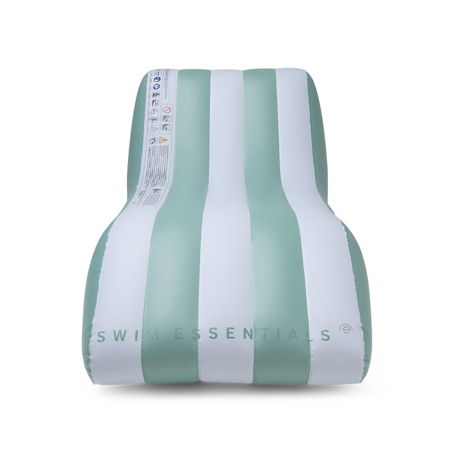 The front of the mint green and white striped luxe lounge with the swim essentials logo on it  on a white background