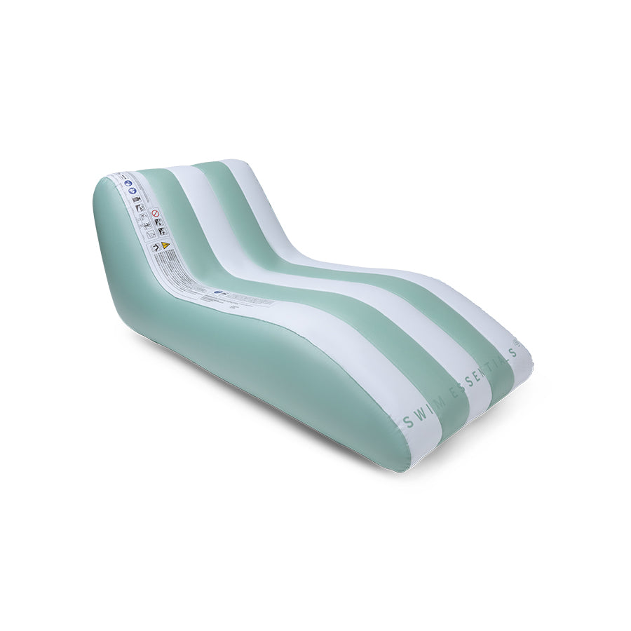 Mint green and white striped luxe lounge with the swim essentials logo on it  on a white background