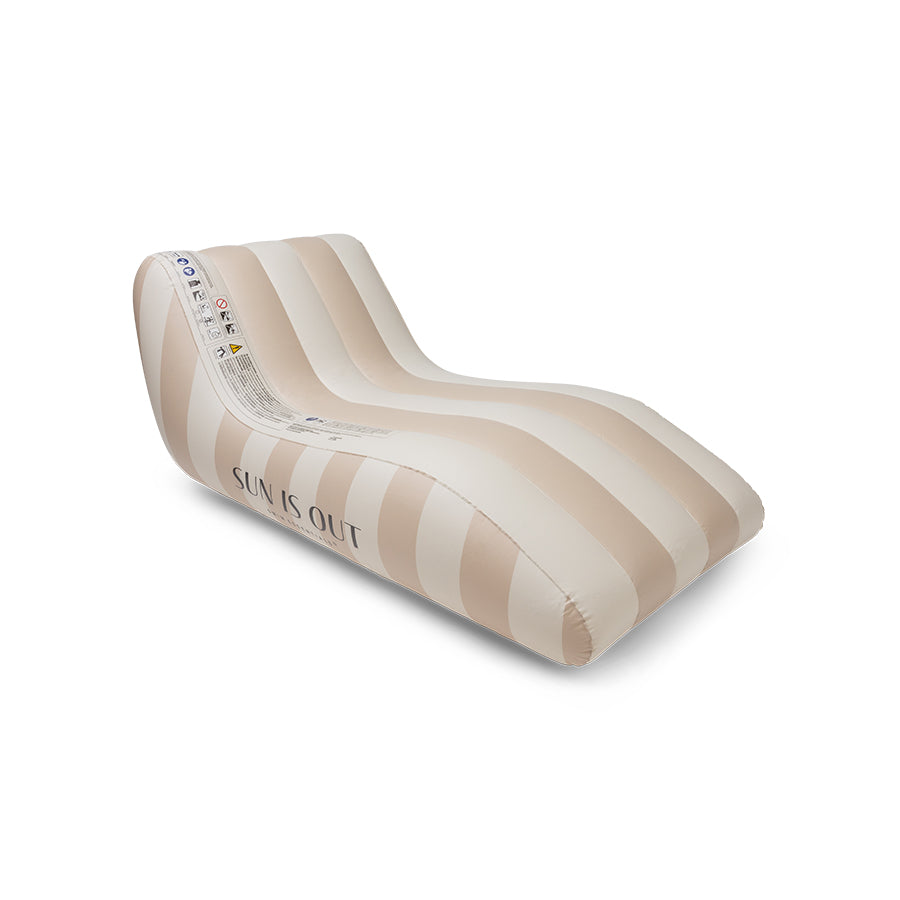 Inflatable premium lounge  float with a striped pattern with beige on a white background. There is a text with "sun is out" on it.