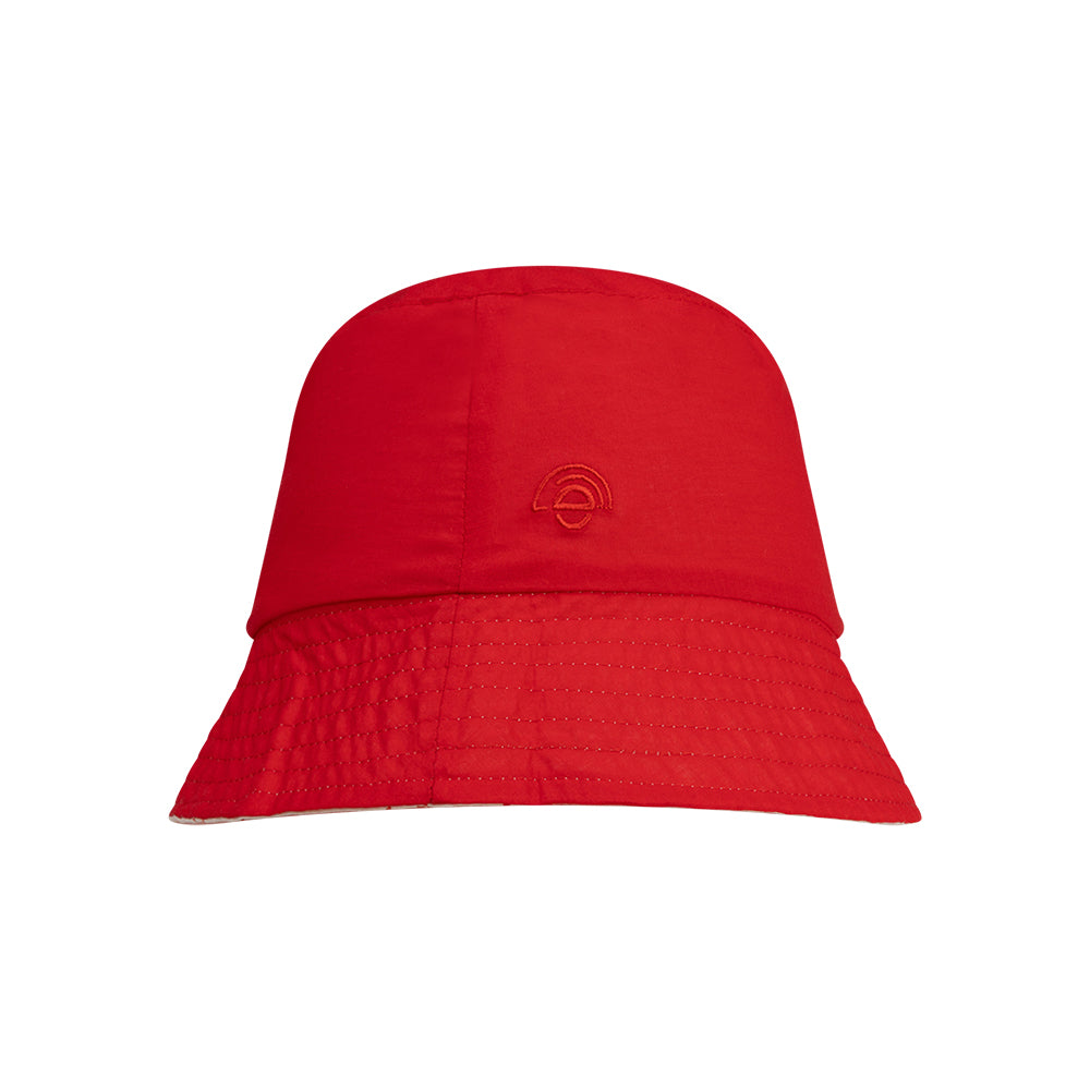 Red bucket hat on a white background with swim essentials logo