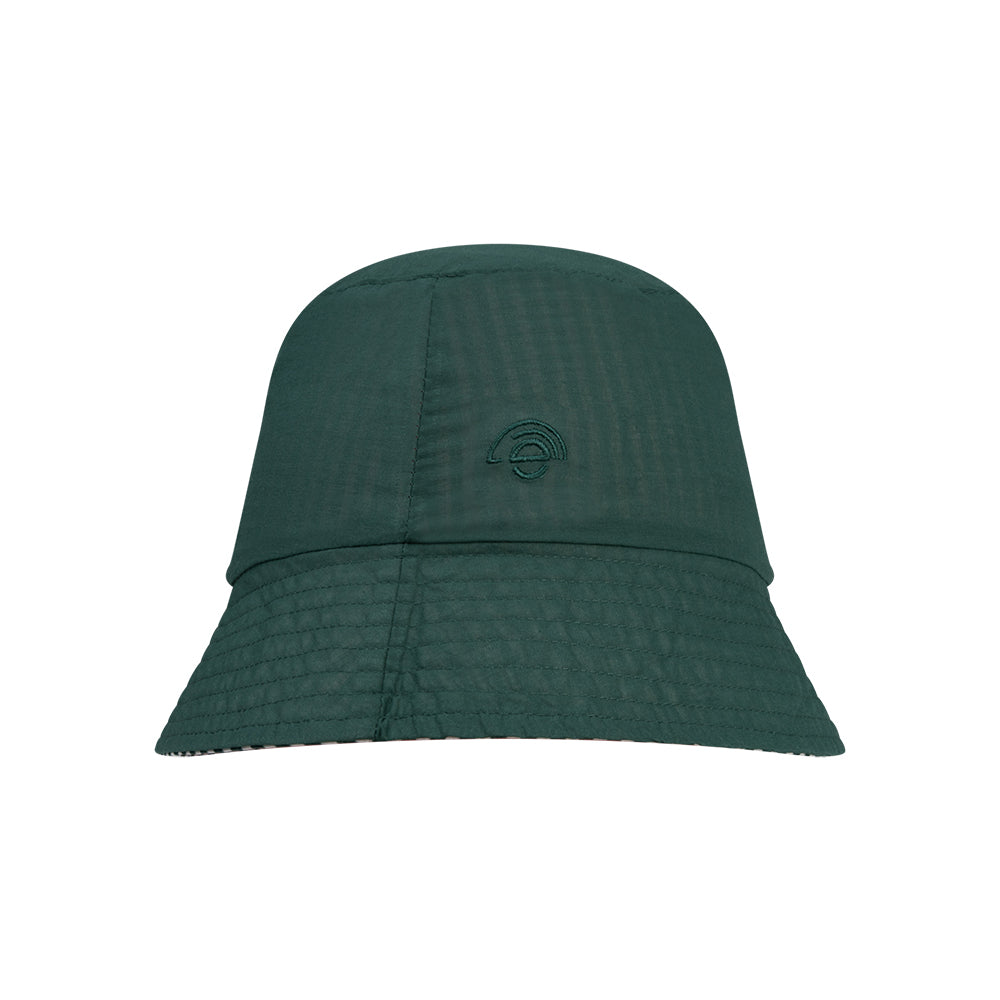 Green bucket hat with a brand logo on a white background