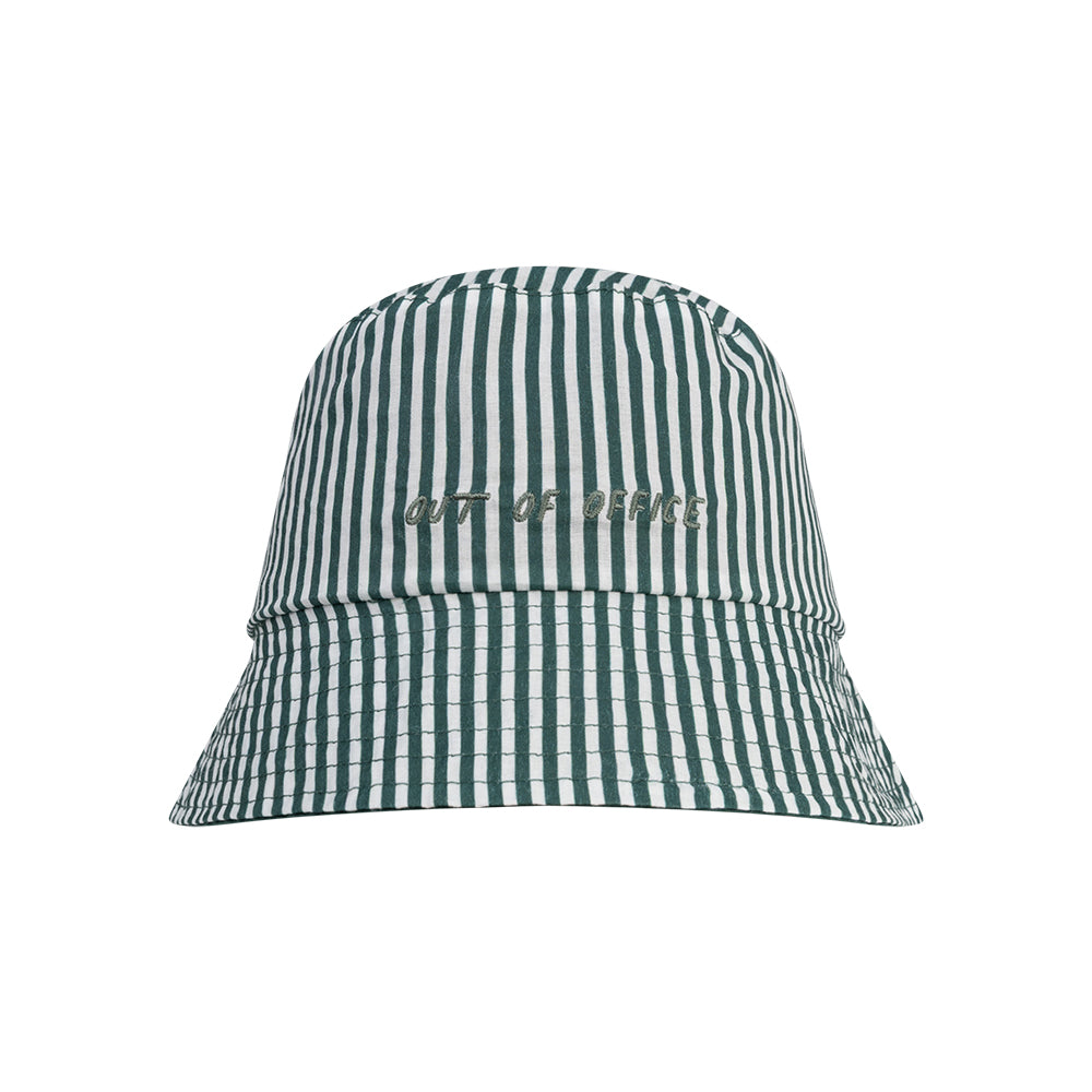 Green and white striped bucket hat with 'out of office' text on a white background