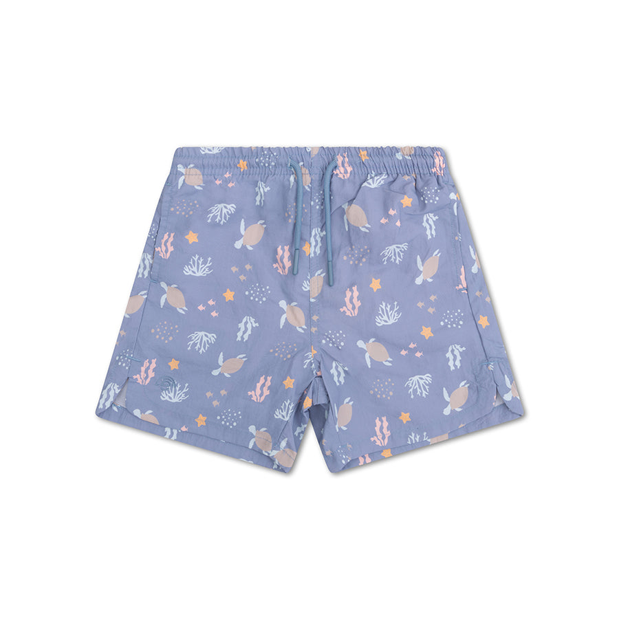 Blue shorts with sea turtle and coral pattern on a white background
