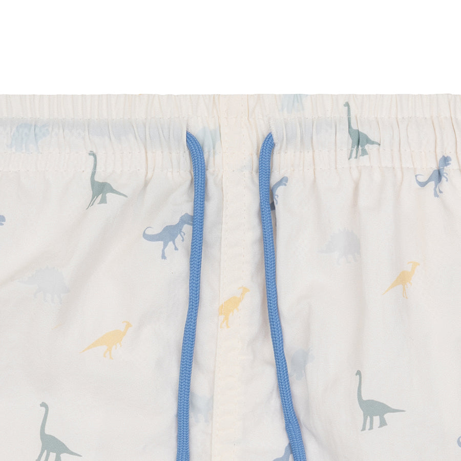Close up of a children's swim shorts with dinosaur pattern and blue drawstring on a light background
