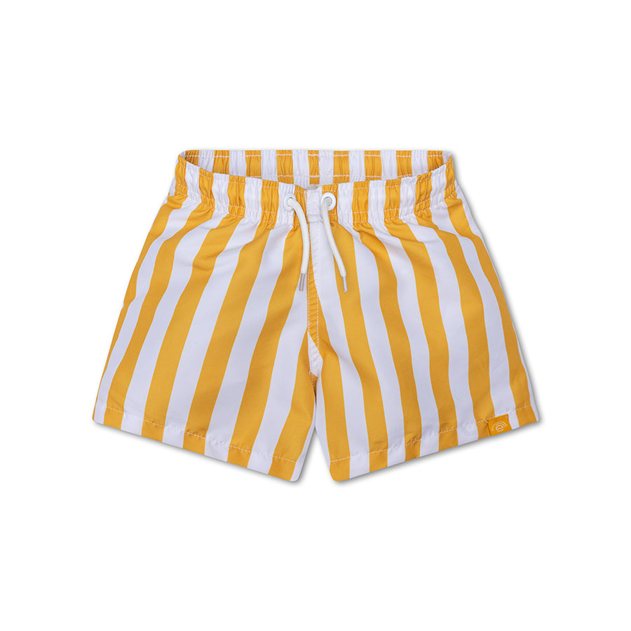 Yellow and white striped swim shorts on a white background