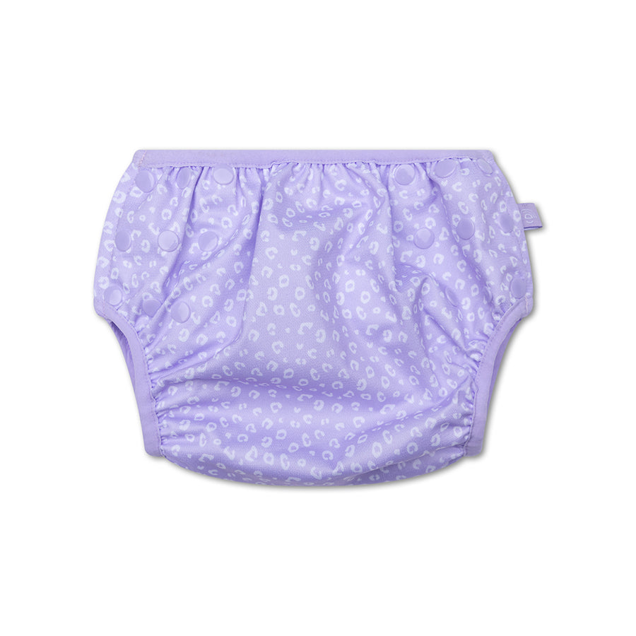 Purple swim diaper with white leopard pattern on a white background