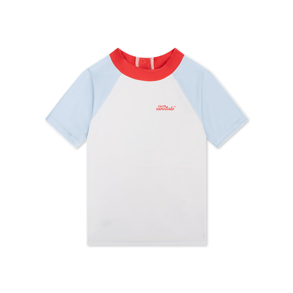 White children's swimt-shirt with red collar and light blue sleeves on a white background
