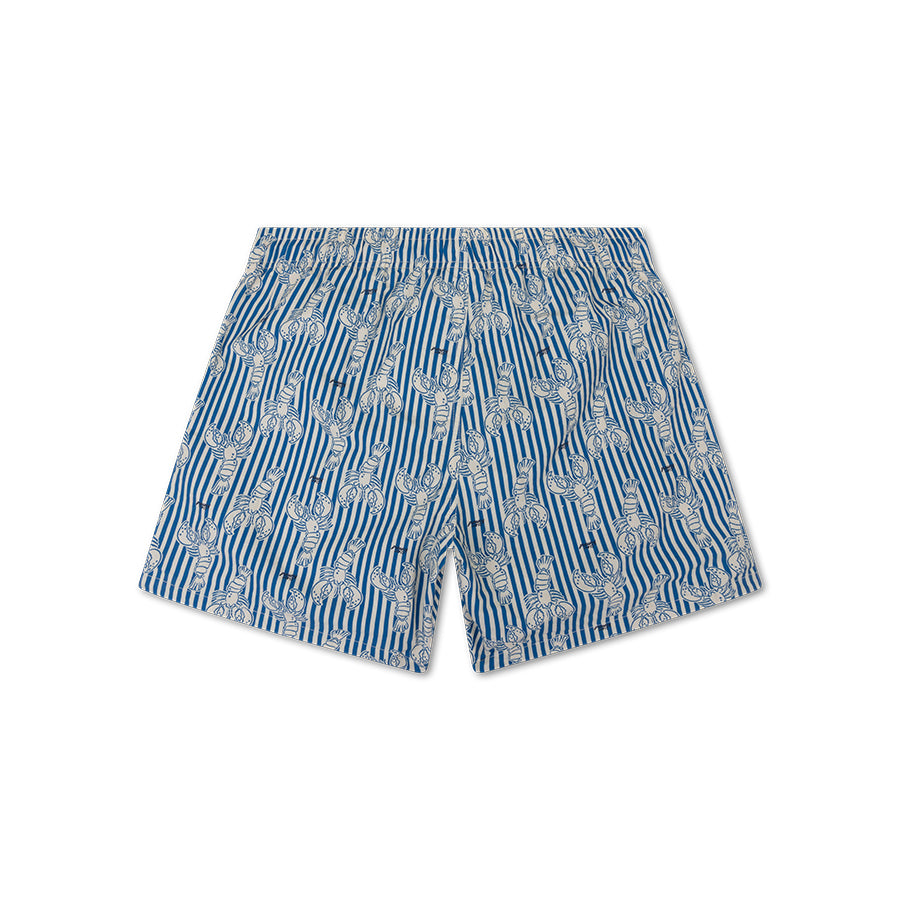 The back of blue swim shorts with a white pattern on a white background
