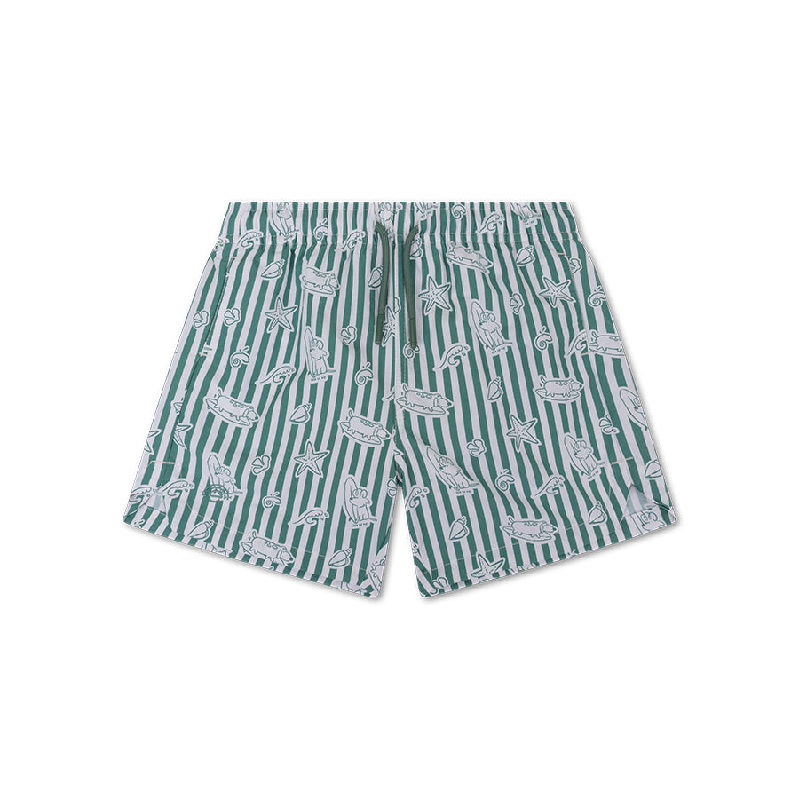 Green and white striped swim shorts with animal pattern on a white background