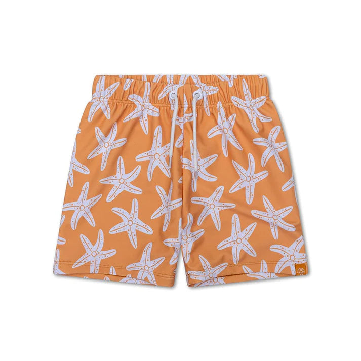 Orange swim shorts with a white seastar print