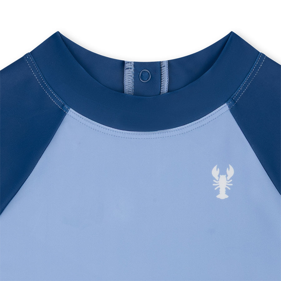 Blue and dark blue children's swimsuit with a lobster logo on a white background