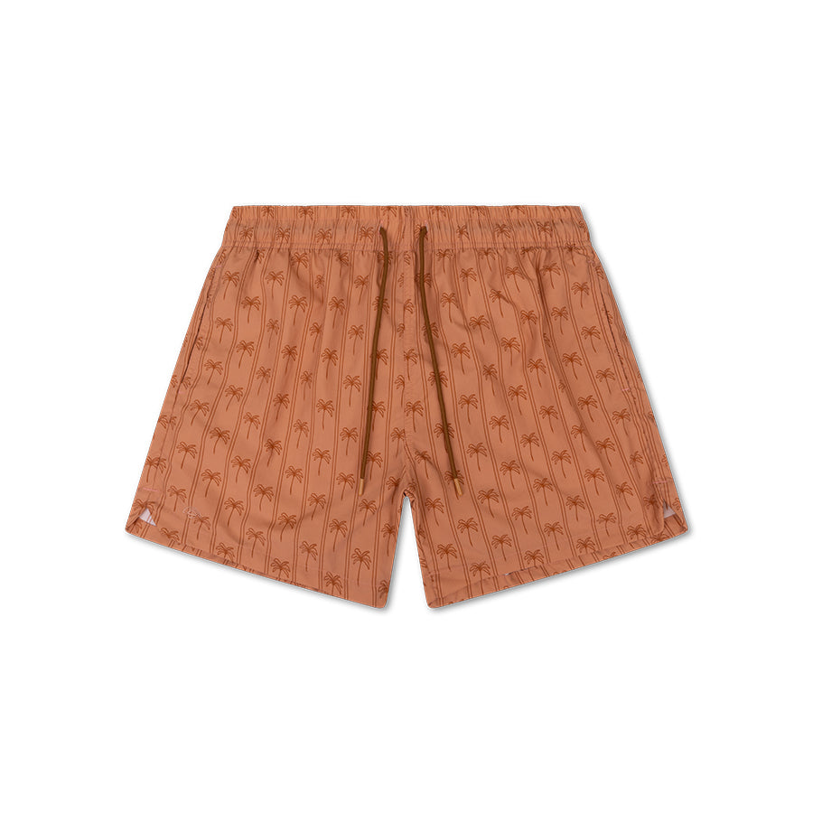 The front of men's swim shorts. They are brown and feature stripes and palm trees. The swim shorts have long brown drawstrings to tighten them. There is also a white background. 