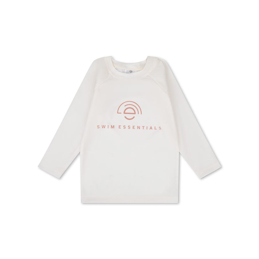 White long-sleeve swim shirt with a pink 'Swim Essentials' logo on a white background