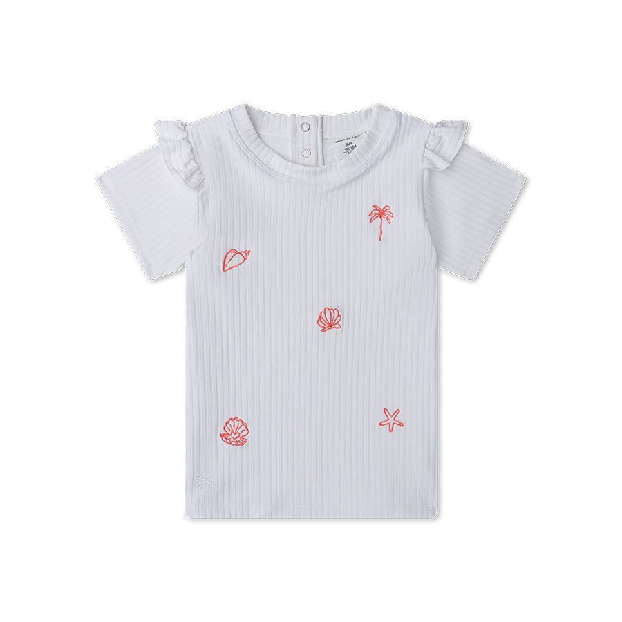 White ribbed short-sleeve t-shirt with red embroidered designs on a white background