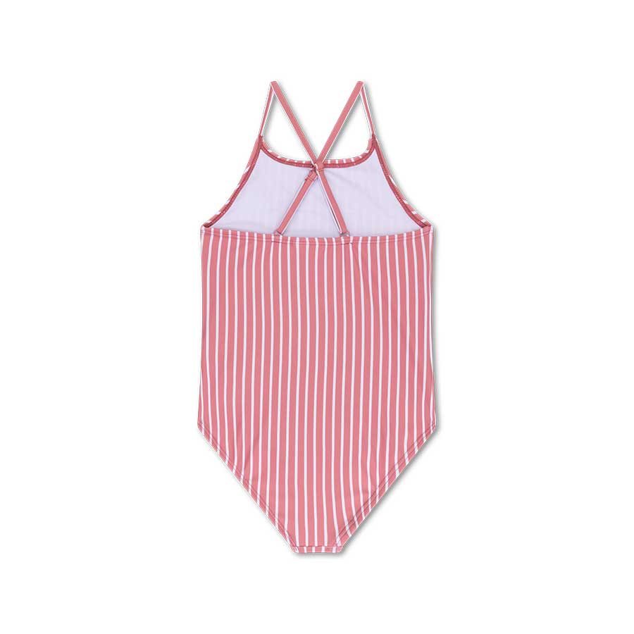 Red and white striped swimsuit on a white background