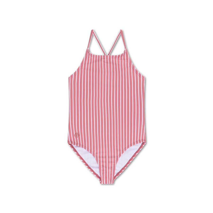 Red and white striped swimsuit on a white background