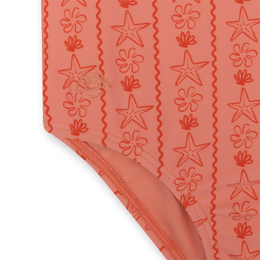 Close-up of a swimsuit with starfish and shell pattern on a white background