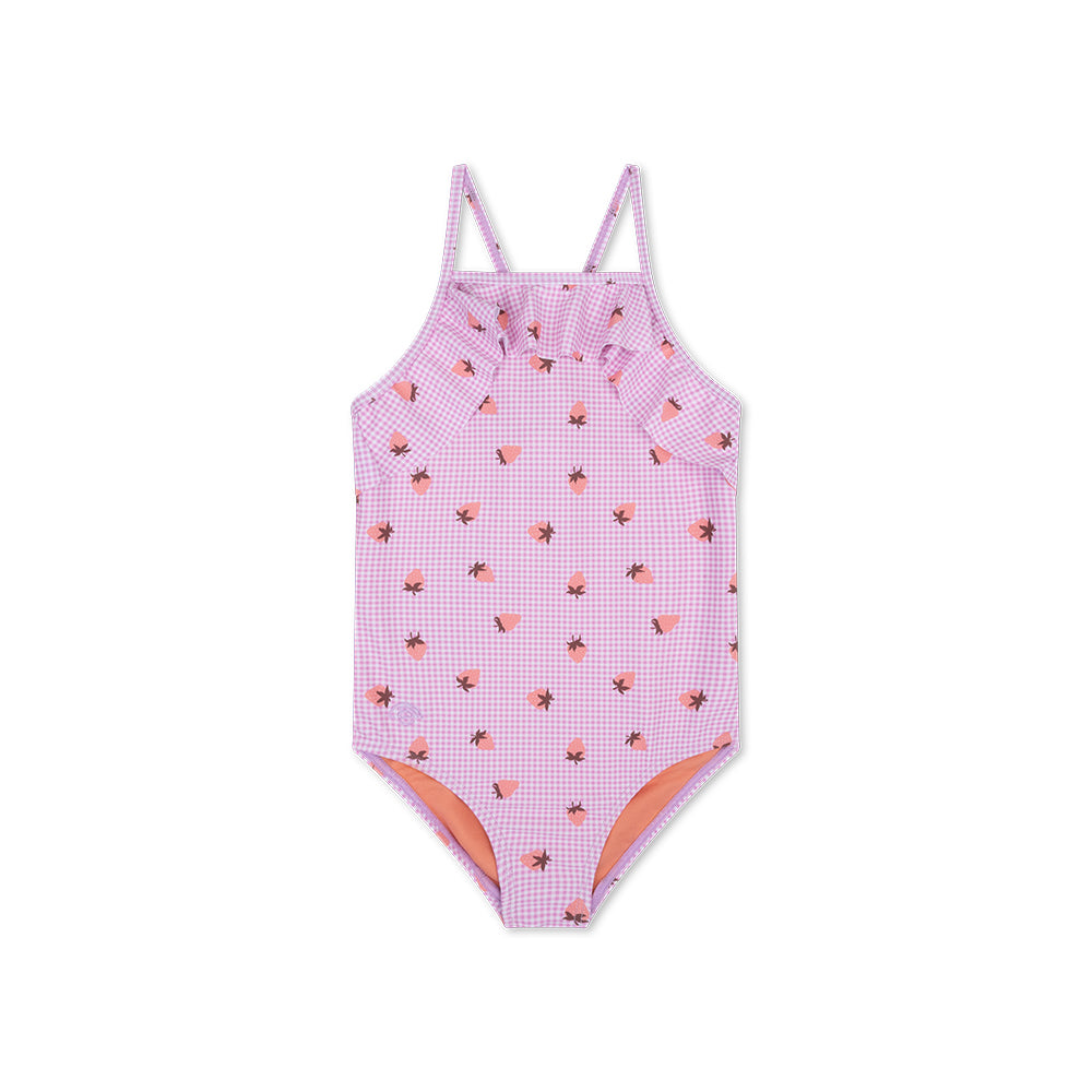Pink checkered swimsuit with a strawberry pattern on a white background