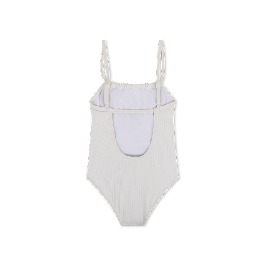One-piece swimsuit with a light gray ribbed pattern on a white background