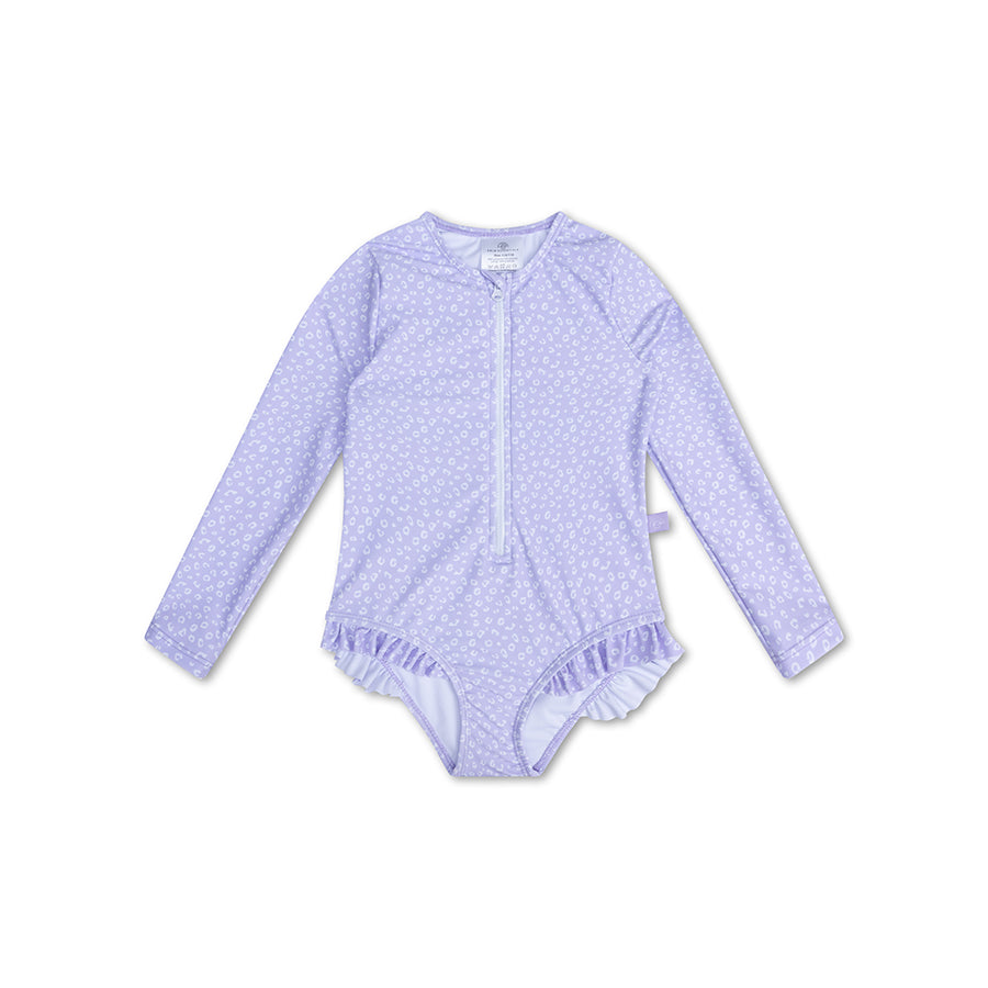 Purple leopard swimsuit with long sleeves, a zip at the front and ruffles on a white background