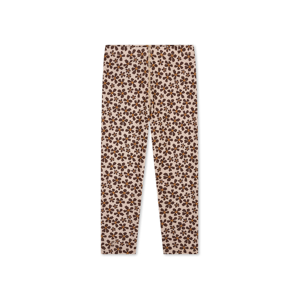 Back side of Leggings with a brown floral pattern on a white background