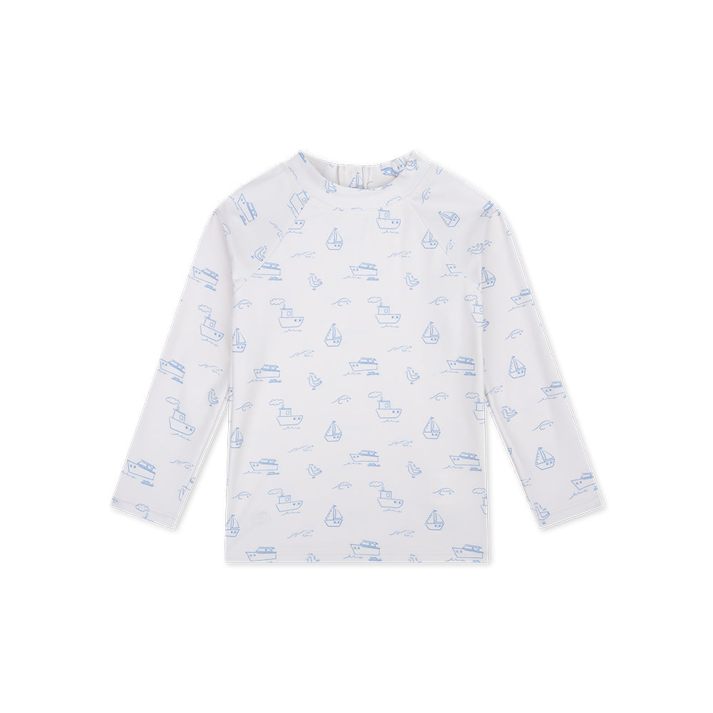 White long-sleeve shirt with blue patterns on a white background