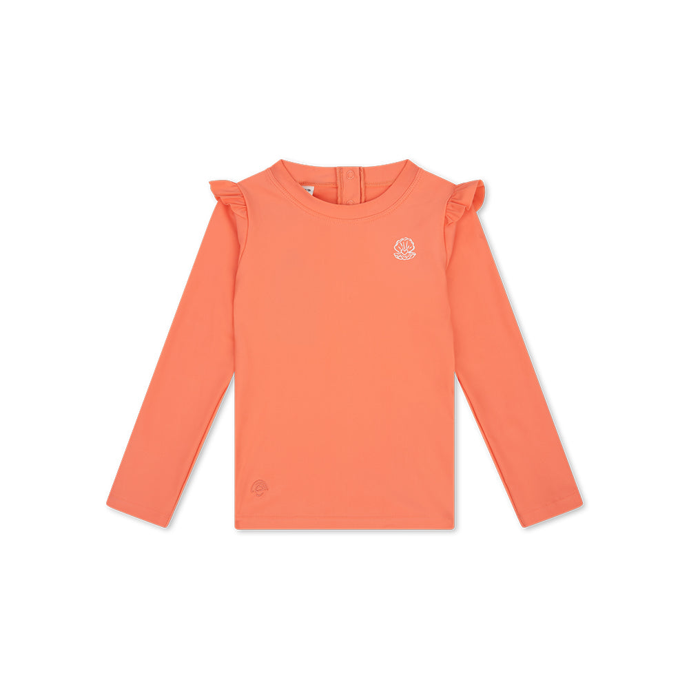 Orange long-sleeve swim t-shirt with a white Shell logo on a white background. 