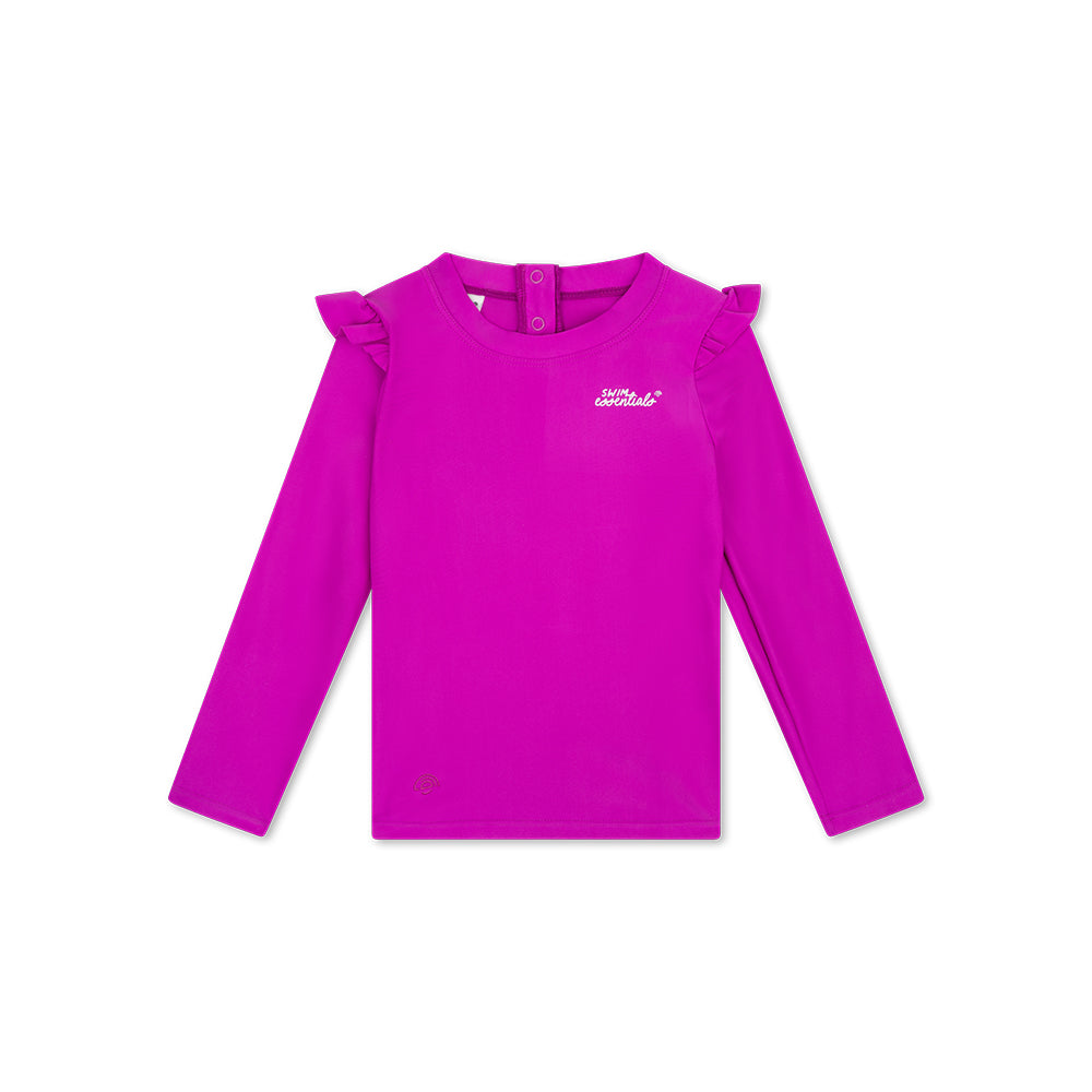 Purple long-sleeve shirt with ruffled shoulders on a white background