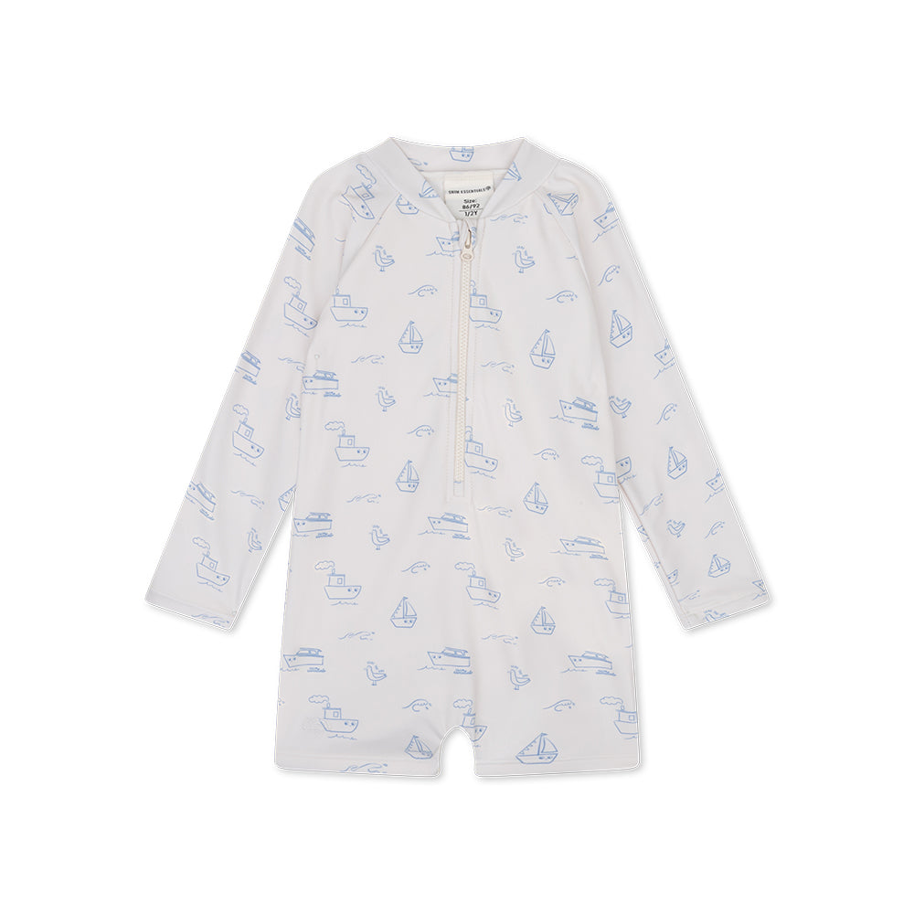 White swimsuit with blue sea prints on a white background