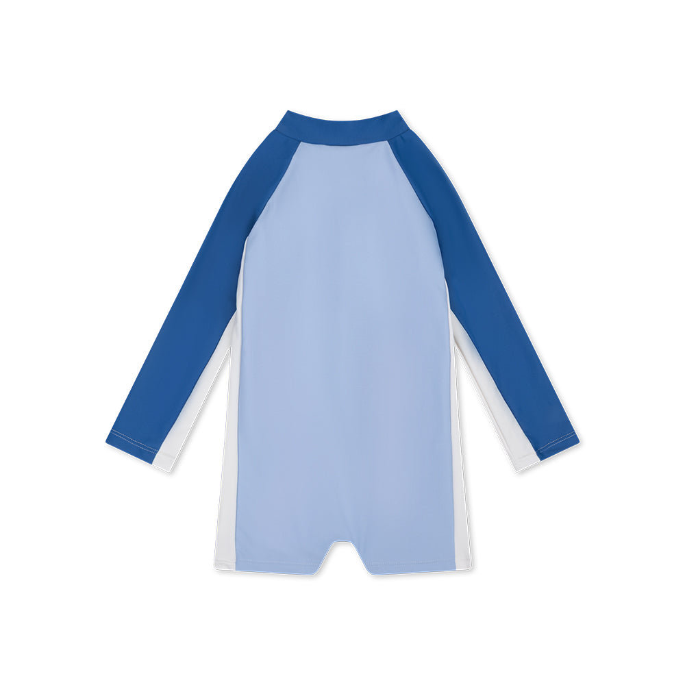 The back of a light blue swimsuit with dark blue sleeves on a white background