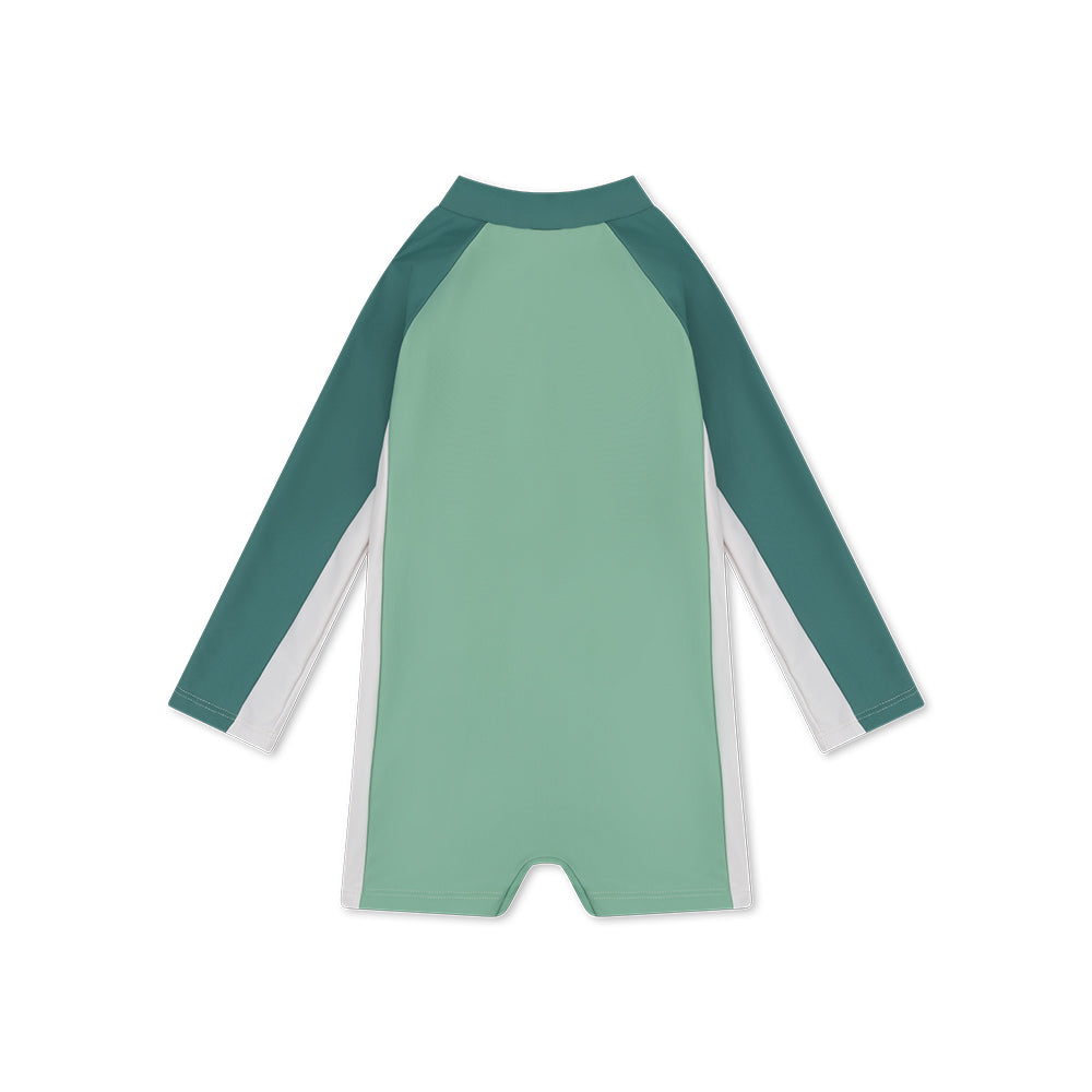 The back of a green and teal long-sleeve swimsuit on a white background