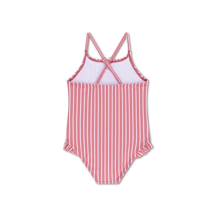 The back of a red and white striped swimsuit with criss-cross straps on a white background