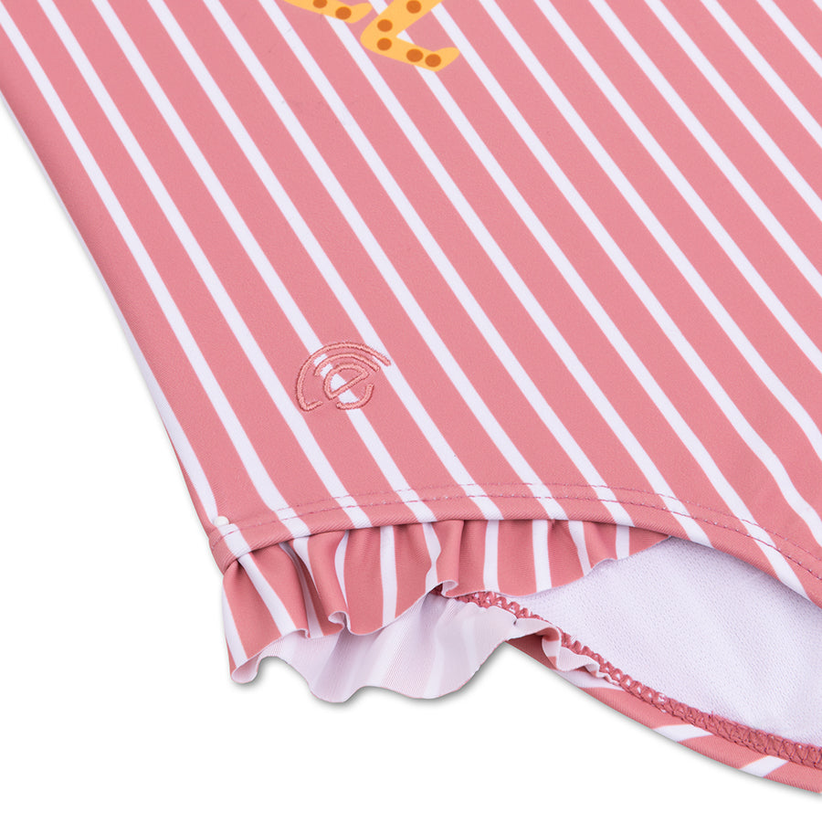 Pink and white striped swimsuit with a brand logo on a white background