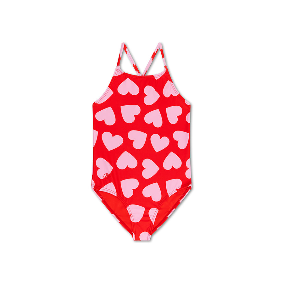 Red swimsuit with pink heart pattern on a white background