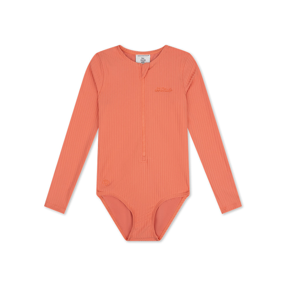 A pink, Pink-Bay swimsuit with long sleeves, a zip  and the swim essentials logo on a white background