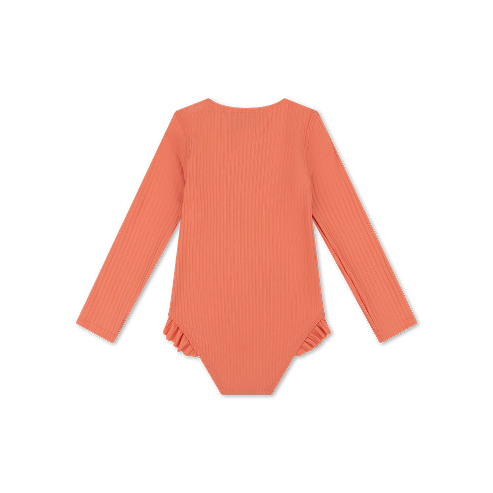 The back of the pink pink-bay-long-sleeve swimsuit with ruffles on a white background