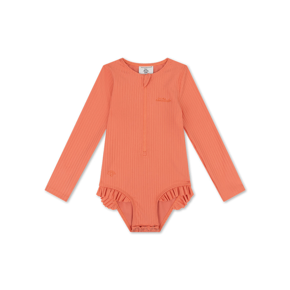 A pink, Pink-Bay swimsuit with long sleeves, a zip and ruffles and the swim essentials logo on a white background