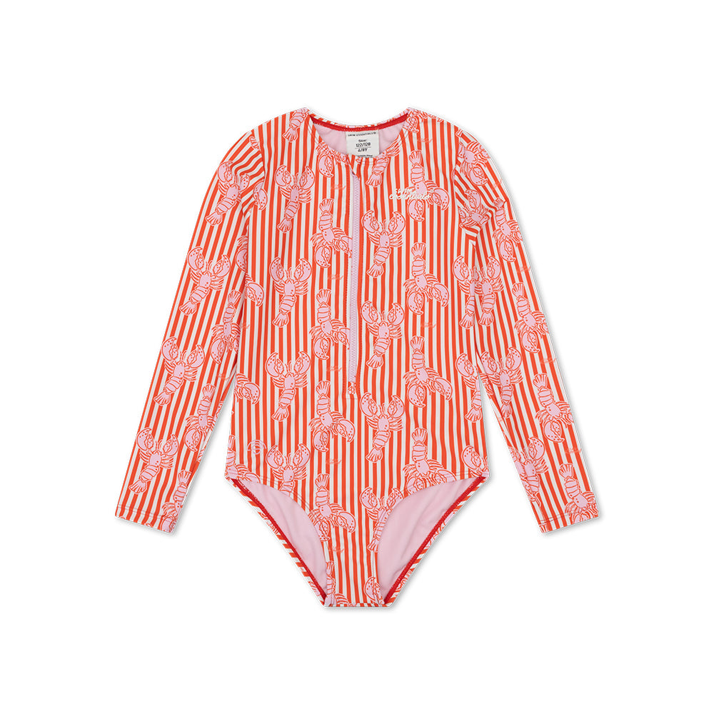 Red and white striped patterned Girls Lobster-swimsuit with long sleeves, a zip and the swim essentials logo on a white background