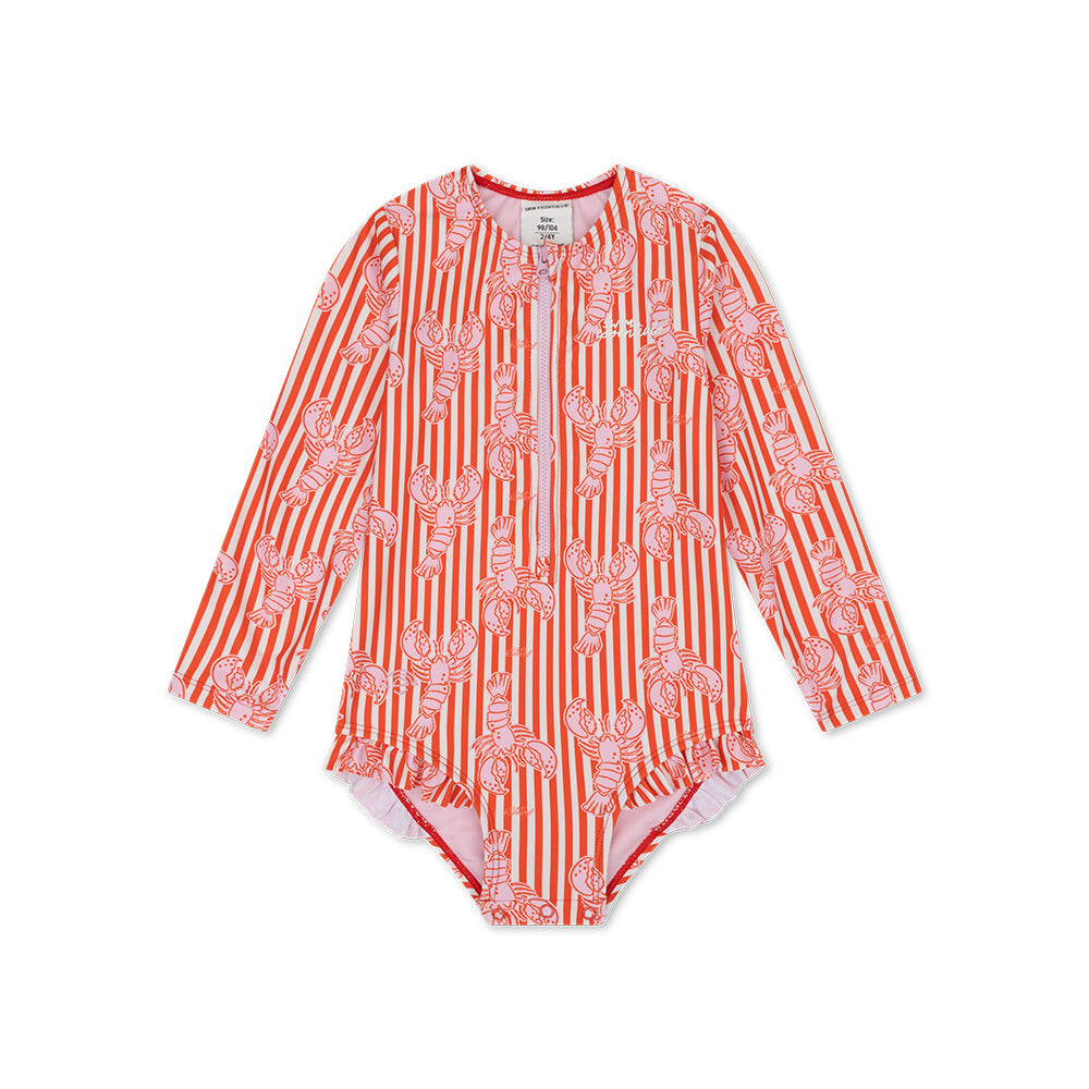 Red and white striped patterned Girls Lobster-swimsuit with long sleeves, a zip, the swim essentials logo and ruffles on a white background