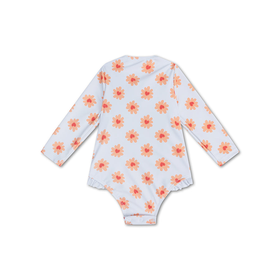 The back of a floral-patterned long-sleeve swimsuit on a white background