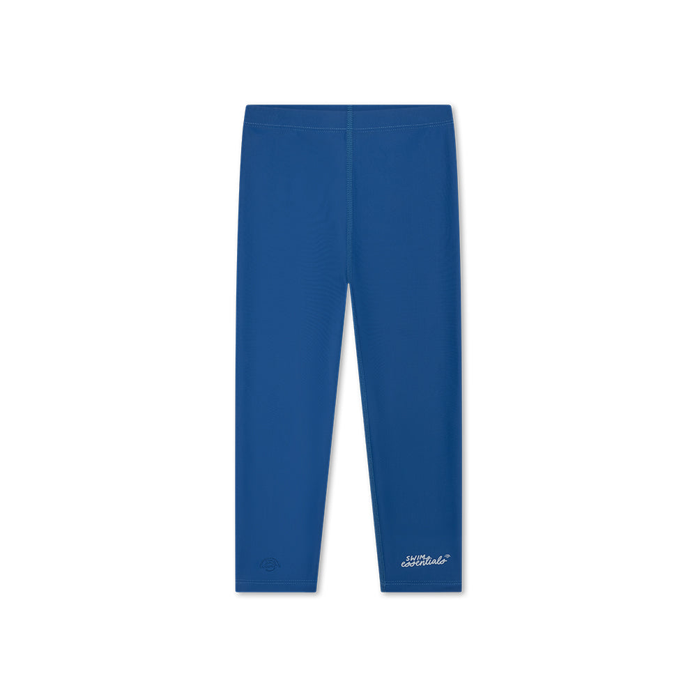 Blue leggings with white text at the end of the left leg on a white background