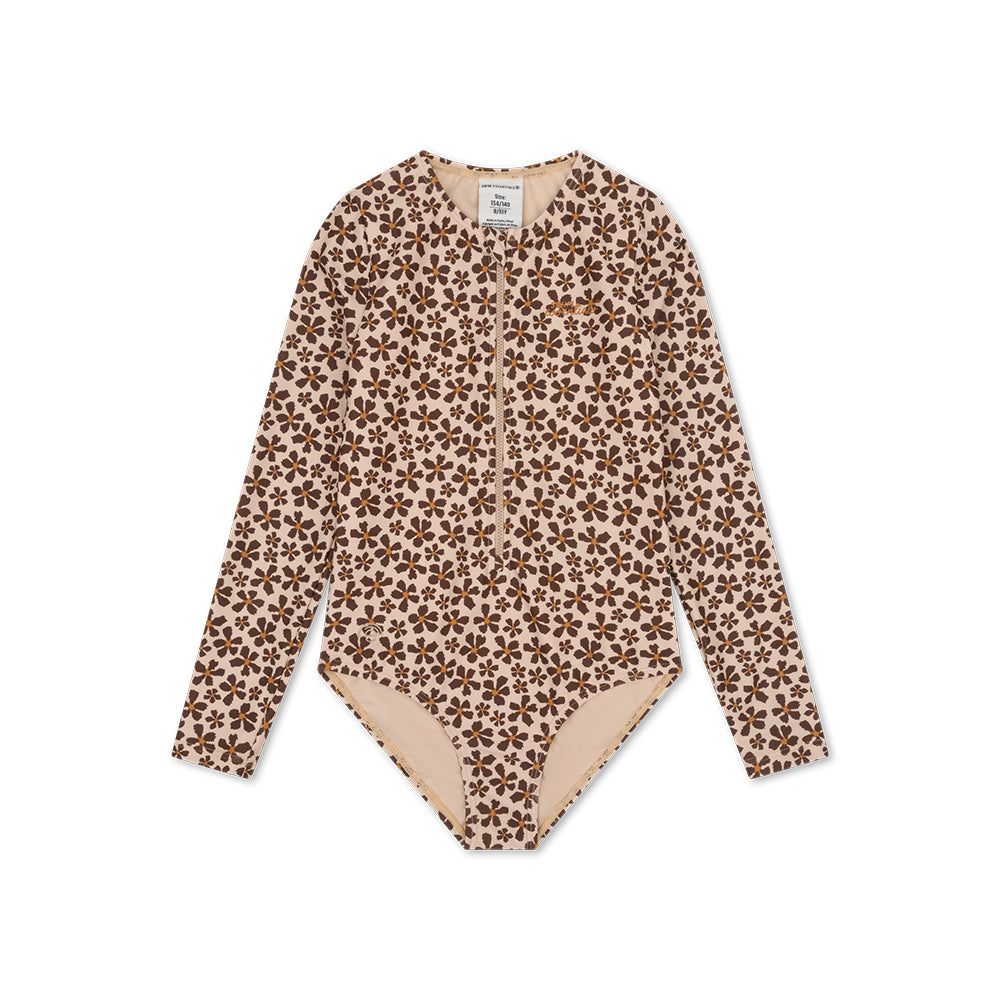 A girls swimsuit with long sleeves, a zip and the swim essentials logo with a wild flower pattern with orange in the middle on a white background.