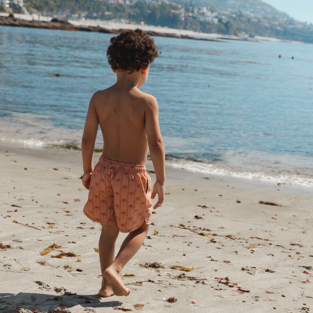 A boy seen from behind, walking on a beach with a view of the sea and the mountains in the background. The boy is wearing swim shorts with palm tree stripes. The shorts are brown with stripes and are decorated with small palm trees.